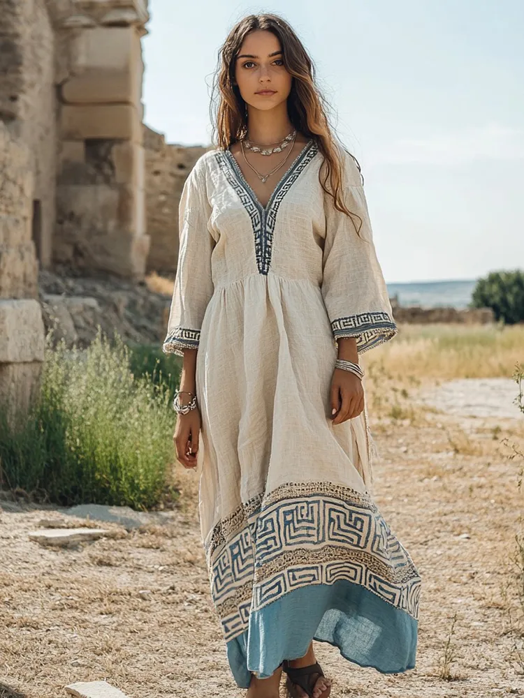 Retro Greek Key V Neck Linen Blend Maxi Dress