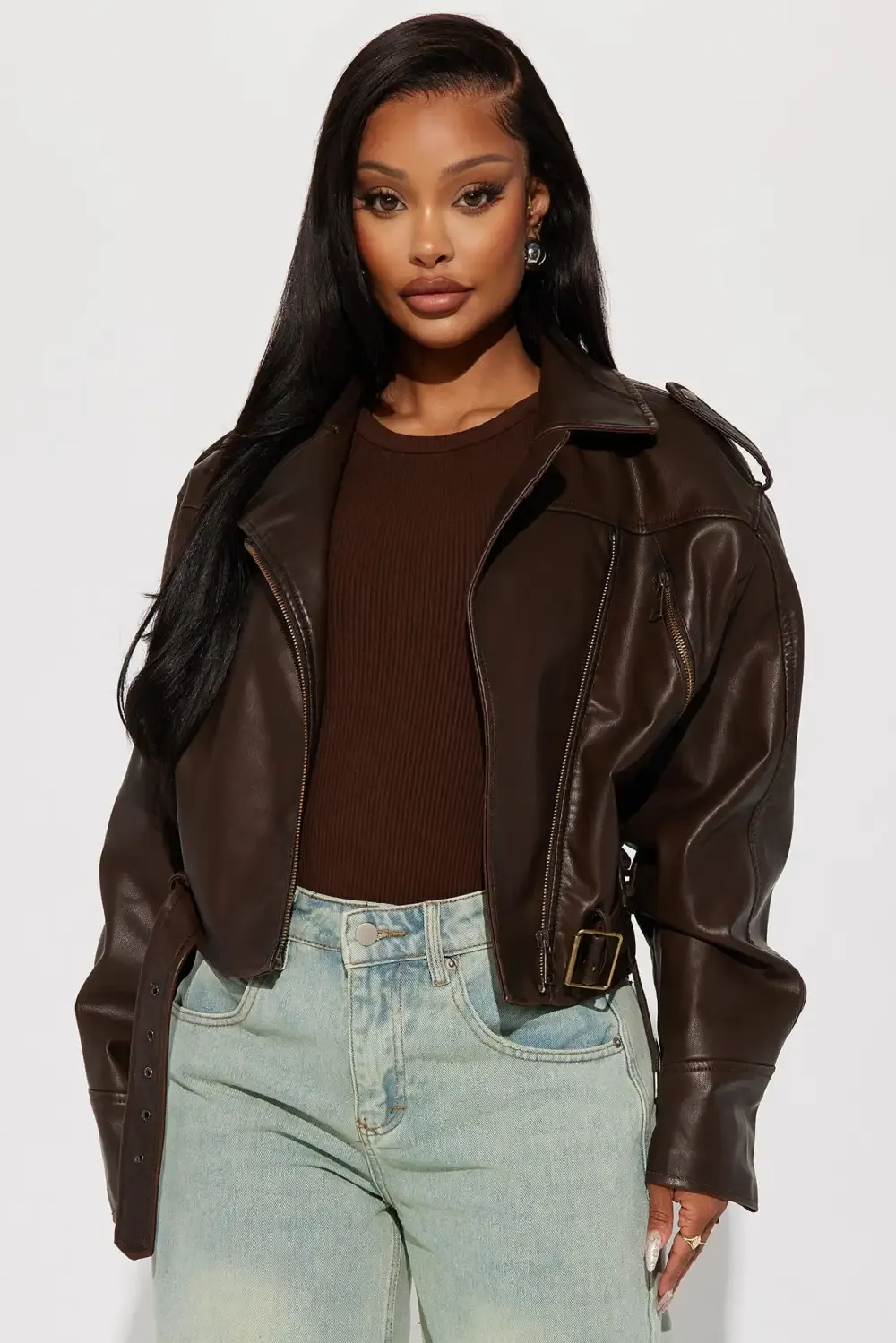 Check The Deets Faux Leather Moto Jacket - Brown