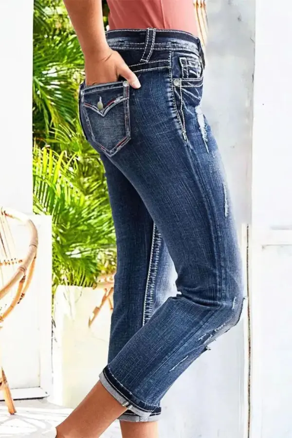 Wash Ripped Roll Hem Mid Waist Straight Leg Capri Jeans