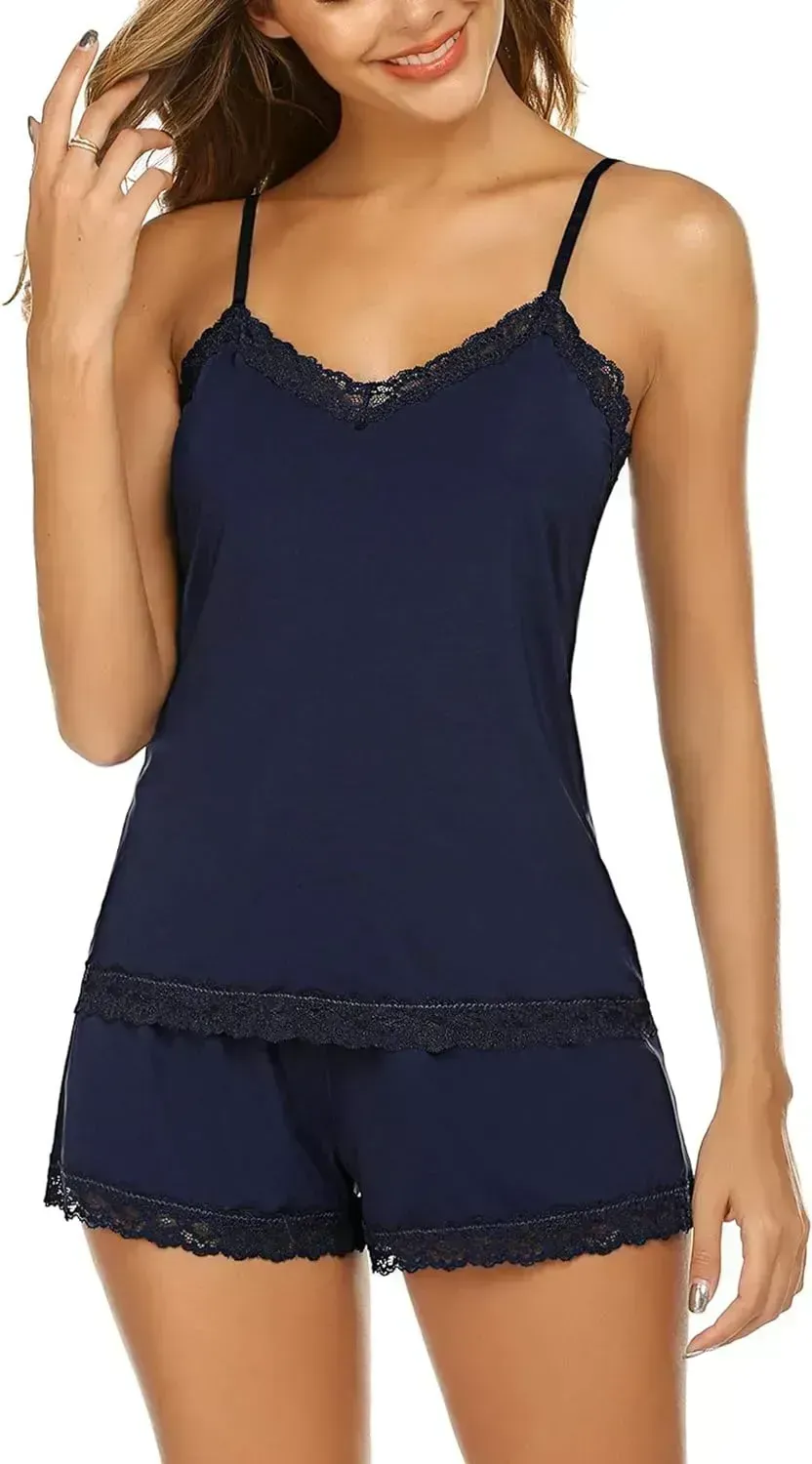 Women Cami Pajama Set Modal Sleepwear Lace Trim Short PJ Set with Shorts