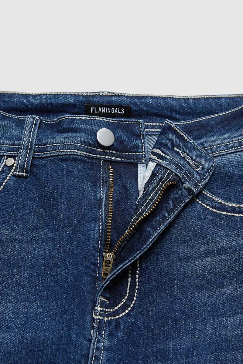 Split Stitch Detail Wash Mid Waist Midi Denim Skirt
