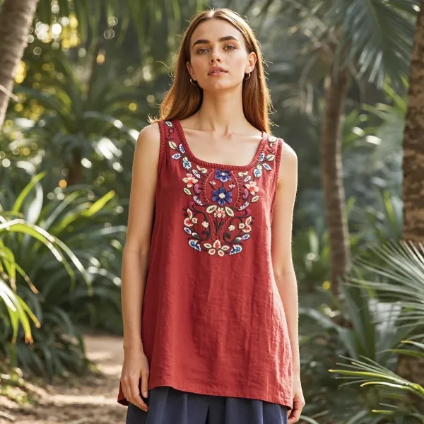 Women's Bohemian Ethnic Floral Linen Top