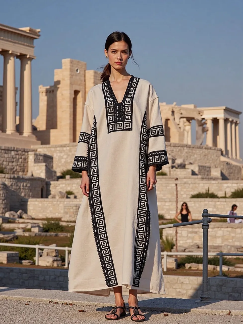 Lace Greek Key V Neck Linen Blend Midi Dress
