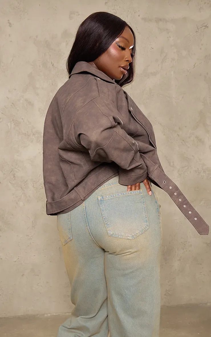 Brown Distressed Soft Faux Leather Oversized Biker Jacket