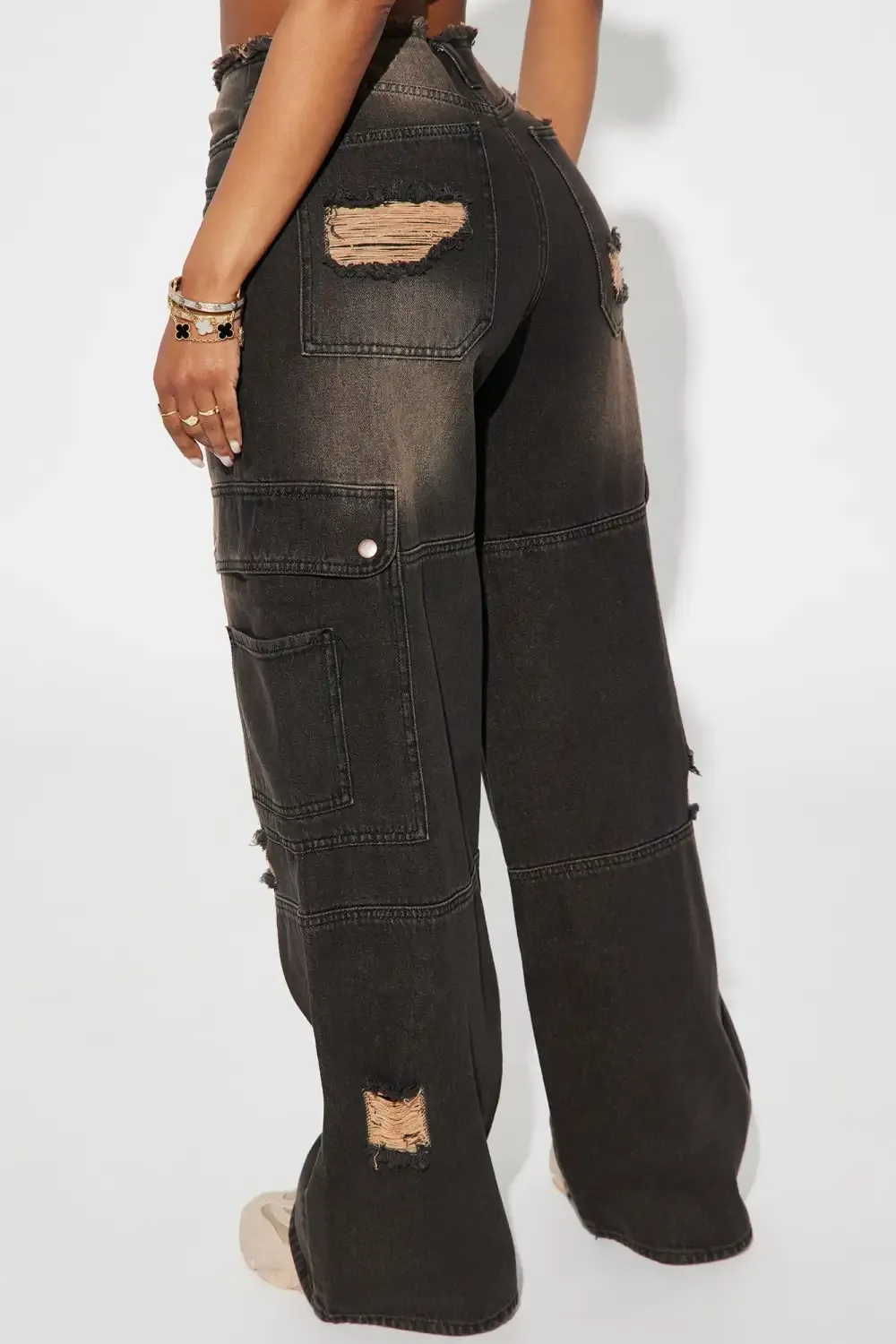 Night Sky Ripped Tinted Non Stretch Cargo Jeans - Black Wash