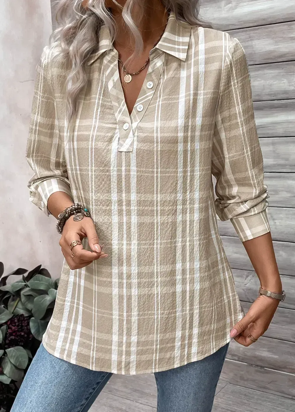Light Coffee Button Plaid Long Sleeve Shirt Collar Blouse