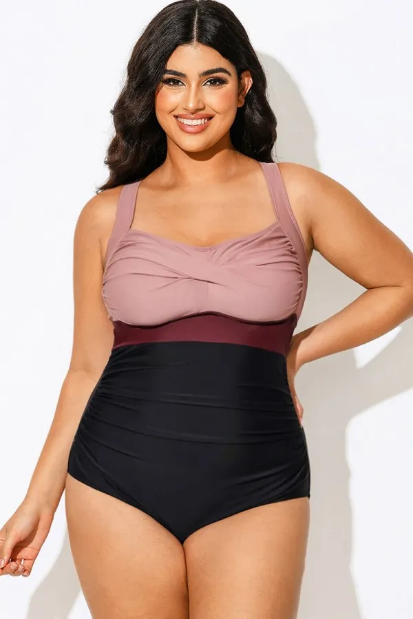 Plus Size Contrast Twist Front Skinny One Piece Swimsuit
