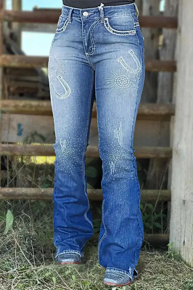 Embroidered Rhinestone Decor High Waist Bootcut Jeans Without Belt