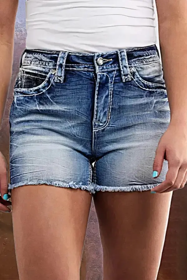 Wash Raw Hem Flap Pocket Mid Rise Denim Shorts