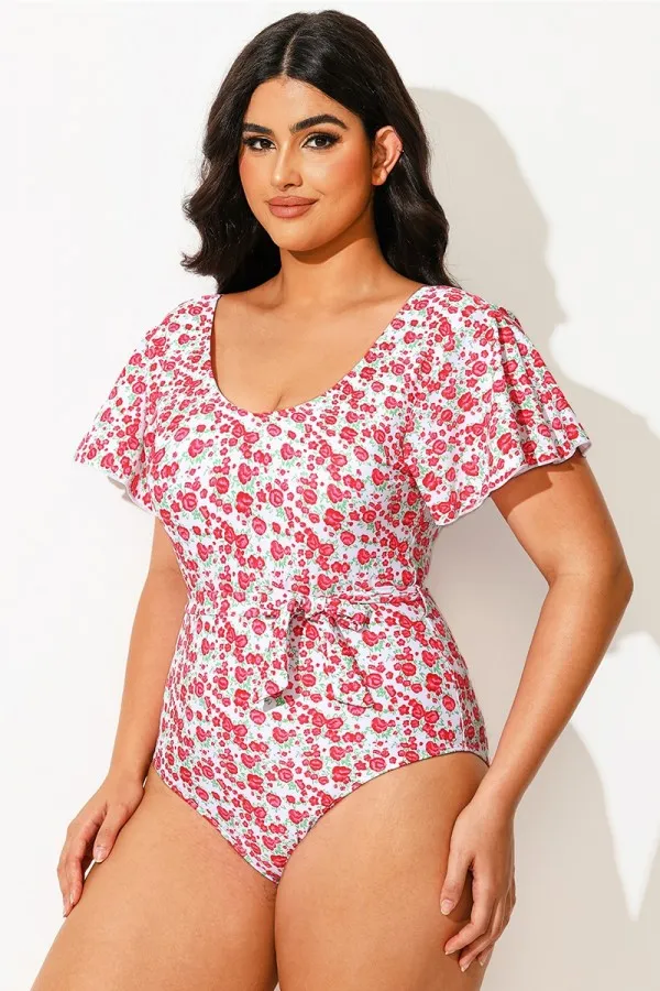 Floral Printed One Piece Swimsuit With Sleeves