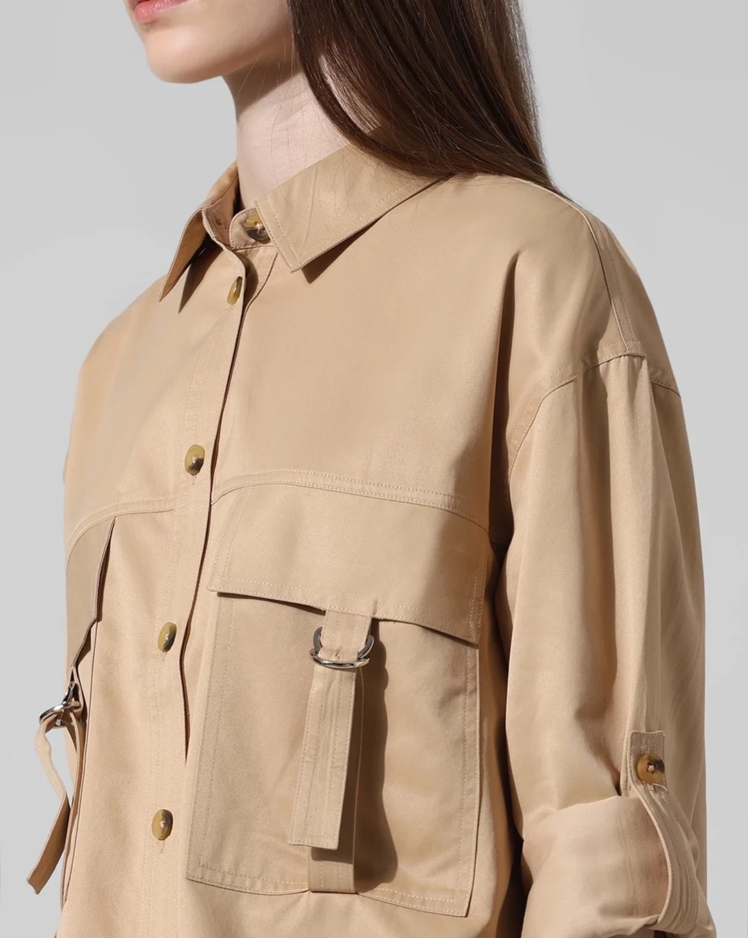 Tan Embroidered Pocket Utility Style Shirt