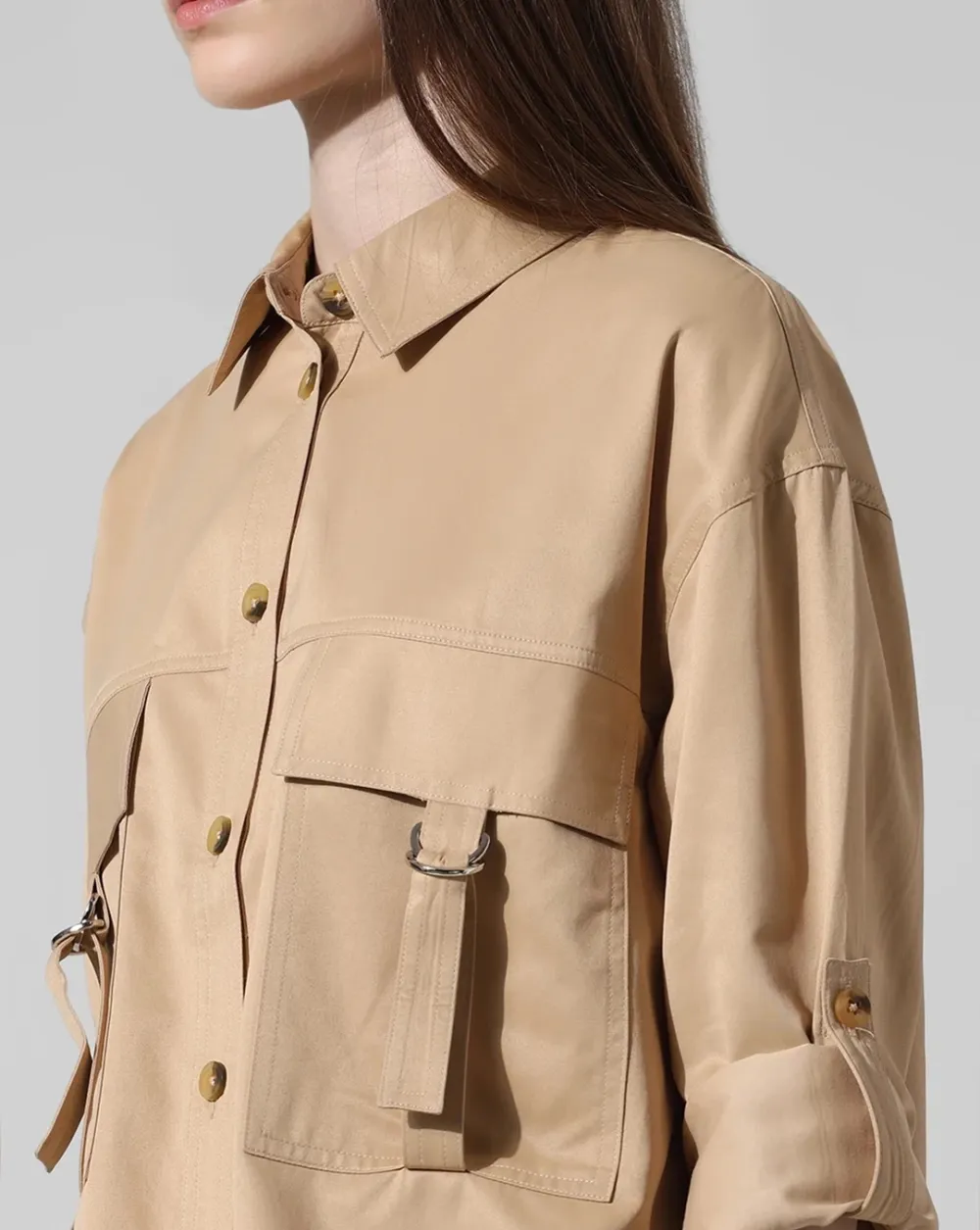 Tan Embroidered Pocket Utility Style Shirt