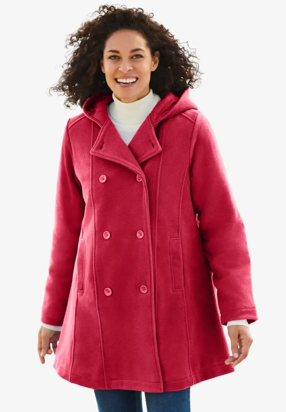 Double-Breasted Hooded Fleece Peacoat