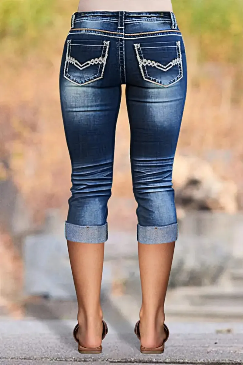 Ripped Stitch Pocket Wash Stretchy Low Waist Capri Jeans