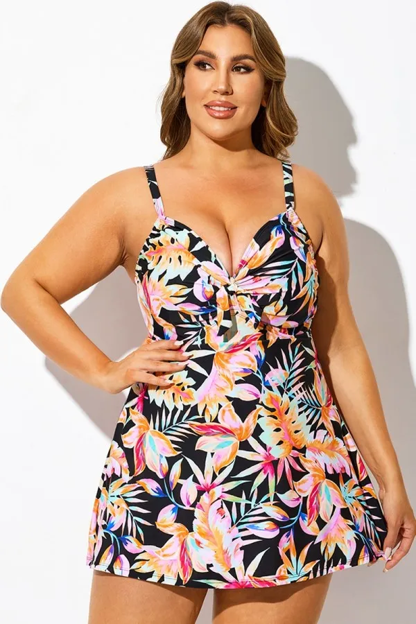 Floral Print Stylish Tie Front Underwire Swimdress