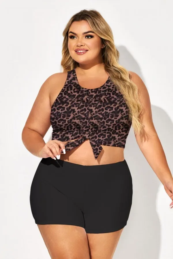 Dark Leopard Print Knotted Crop Bikini Top