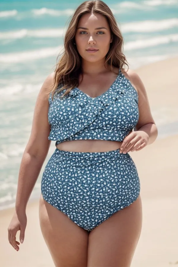 Plus Size Floral Print With Frill Details Elegant Bikini Top