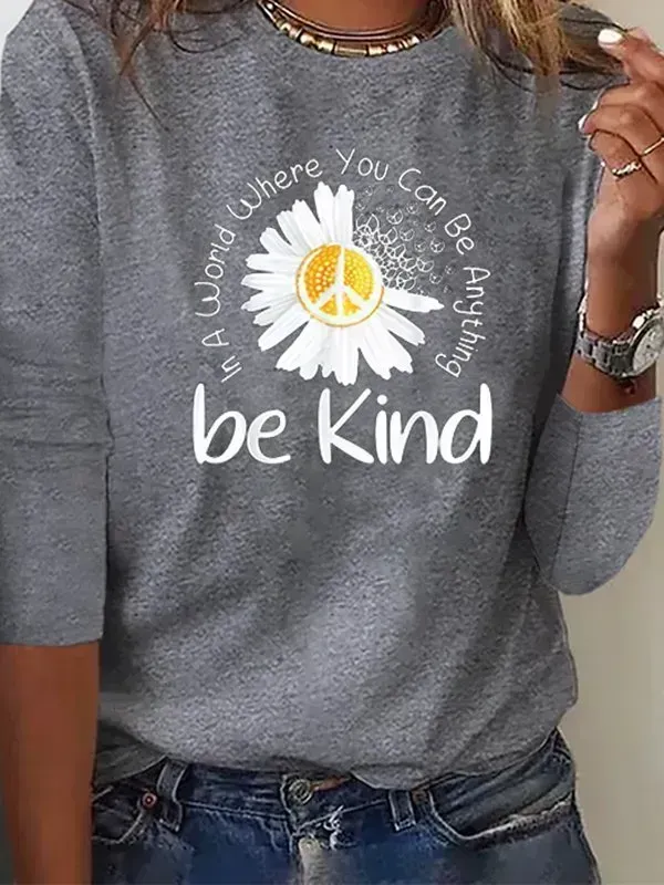 Women Casual Autumn Daisy Daily Loose Long sleeve Crew Neck Regular H-Line T-shirt