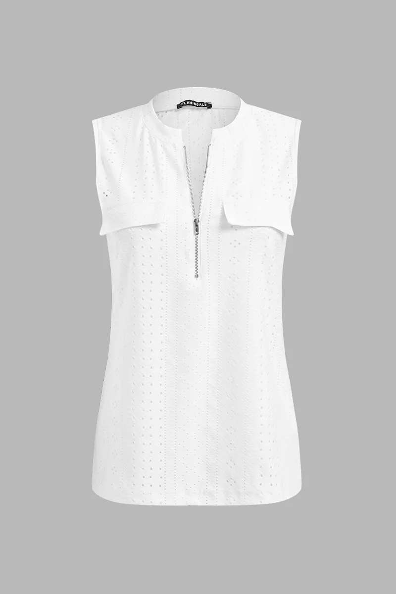 Eyelet Embroidery Flap Decor Half Zip Tank Top