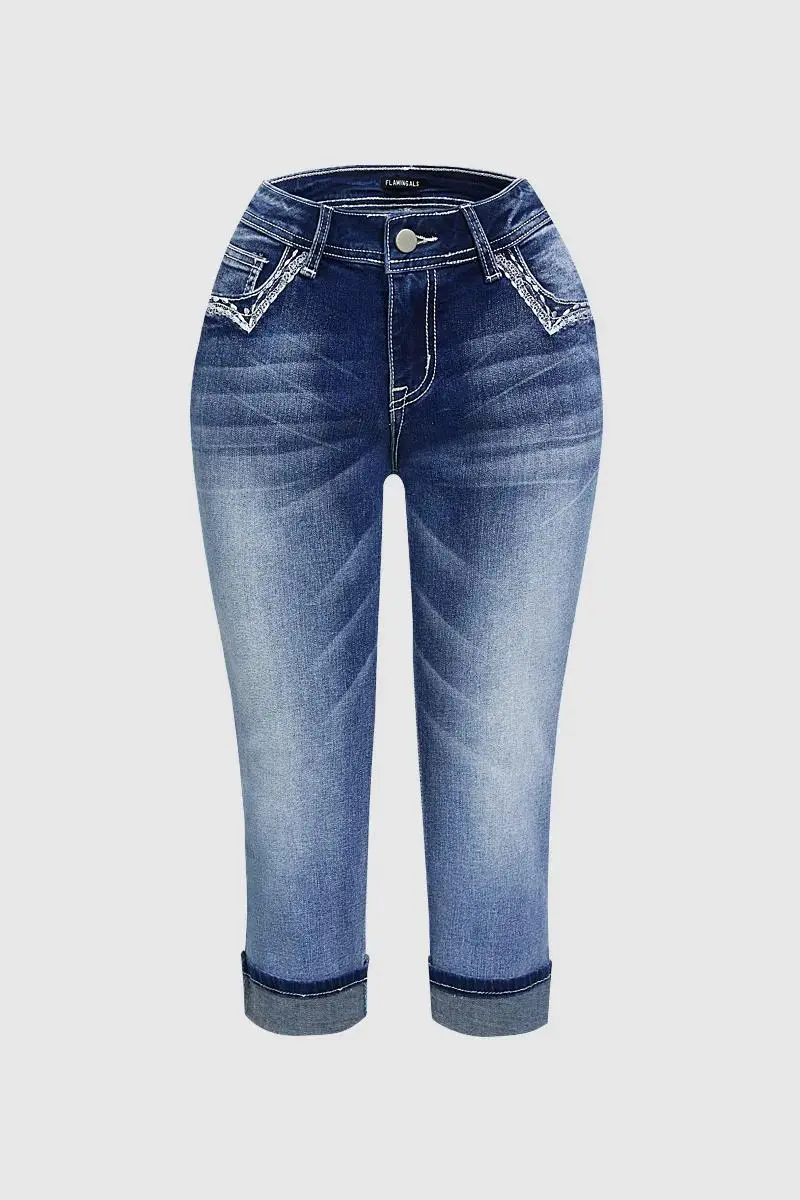 Embroidery Roll Hem Wash High Stretch Low Rise Capri Jeans