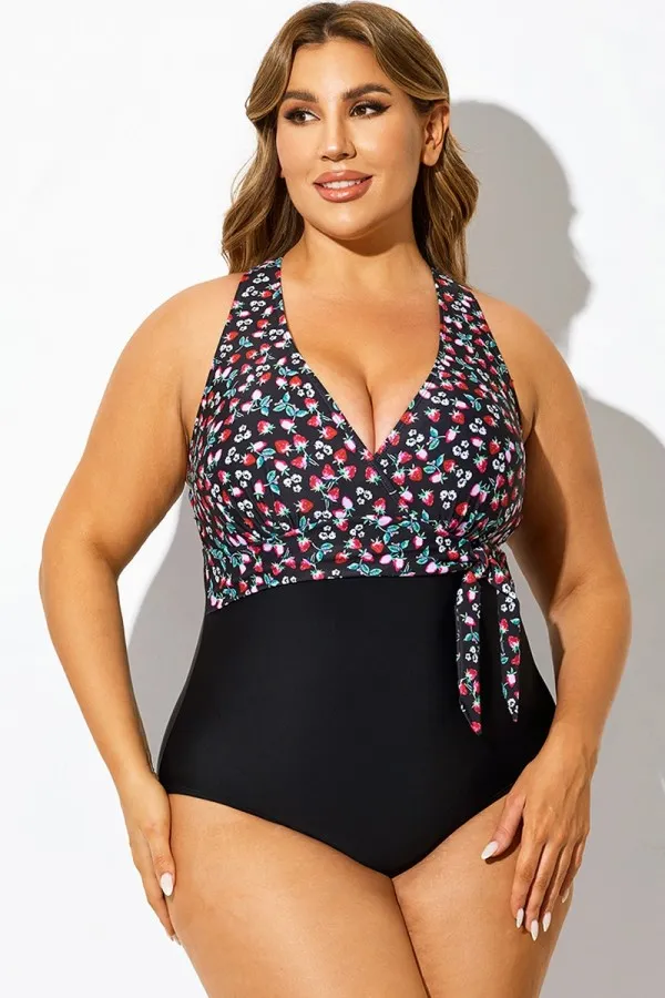 Strawberry Print V-Neck One Piece Swimsuit