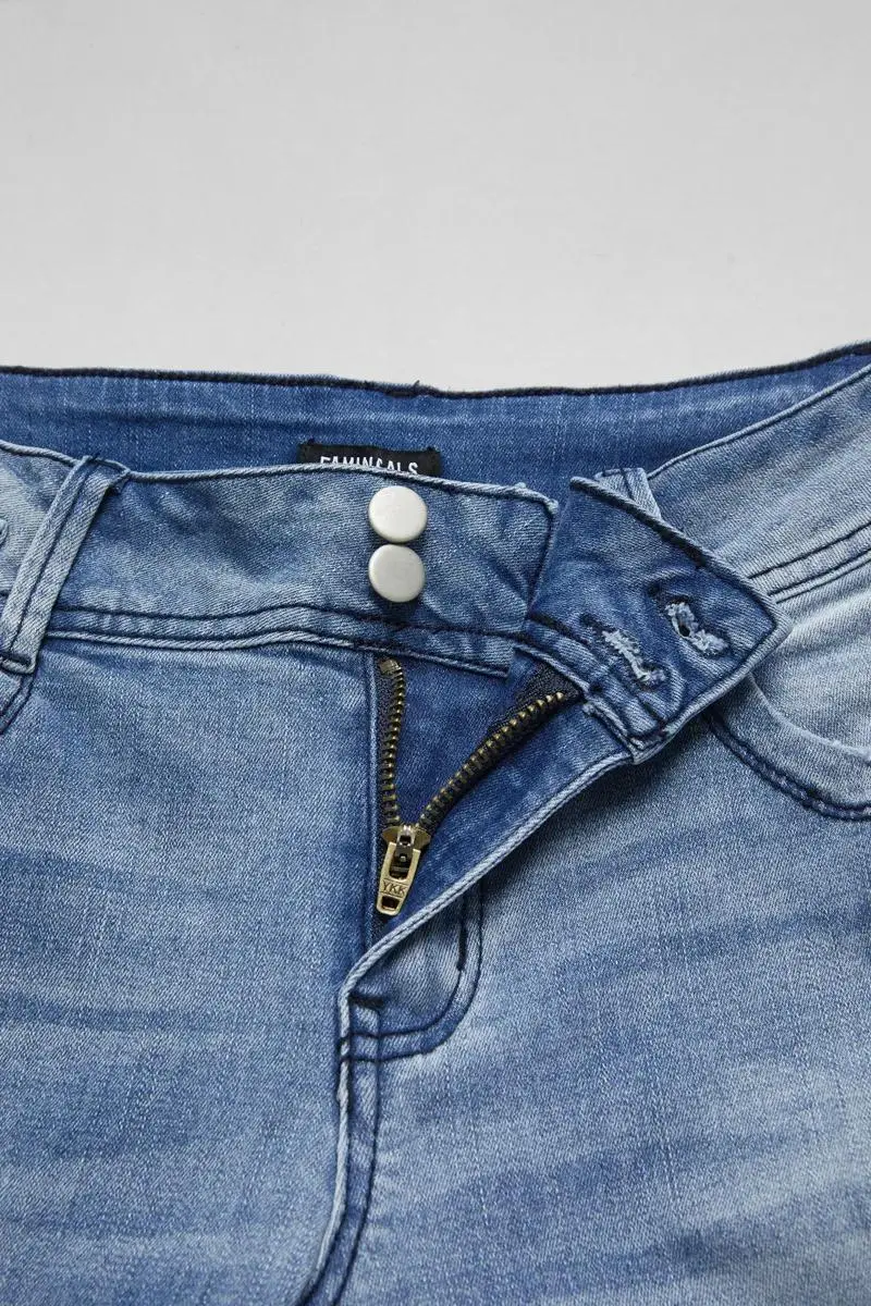 Ripped Roll Hem Double Button Low Waist Straight Leg Jeans