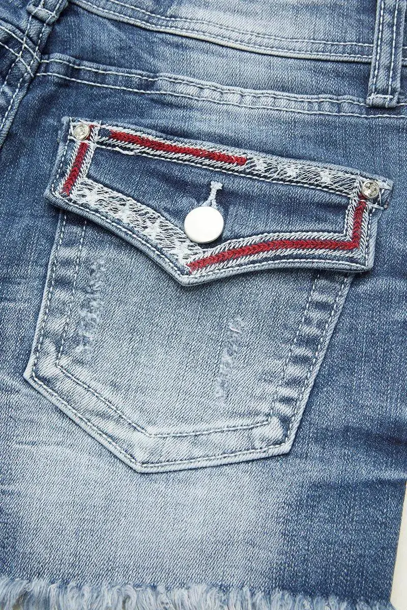 Star Embroidered Raw Hem Mid Rise Denim Shorts