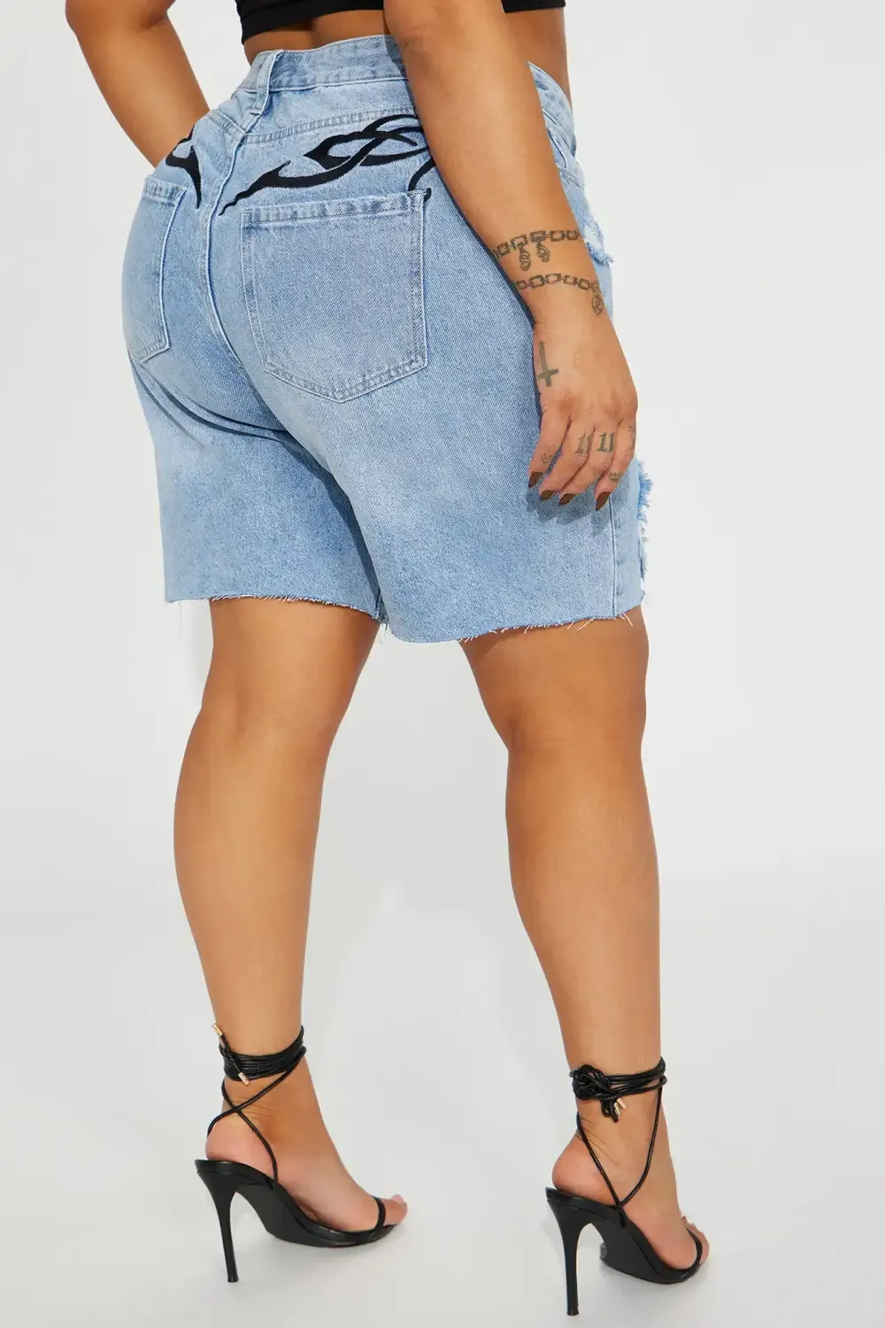 She's Bad Tattoo Embroidered Denim Bermuda Shorts - Light Wash