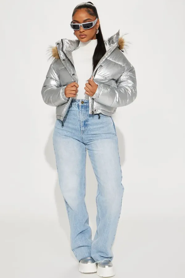 Take Notes Metallic Puffer Jacket - Silver