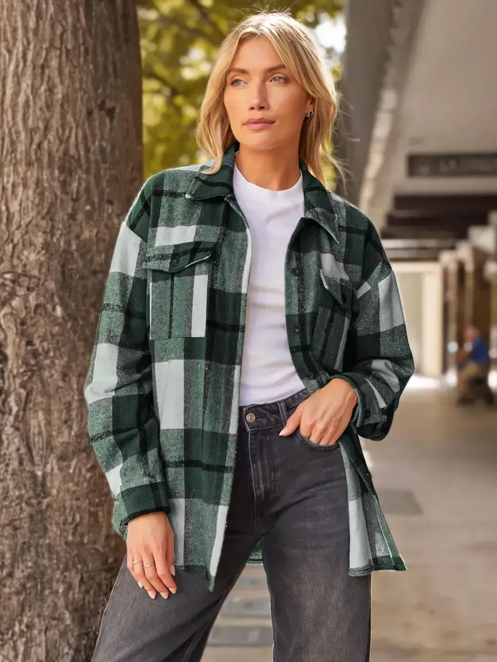Womens Casual Plaid Shacket Button Down Long Sleeve Shirt