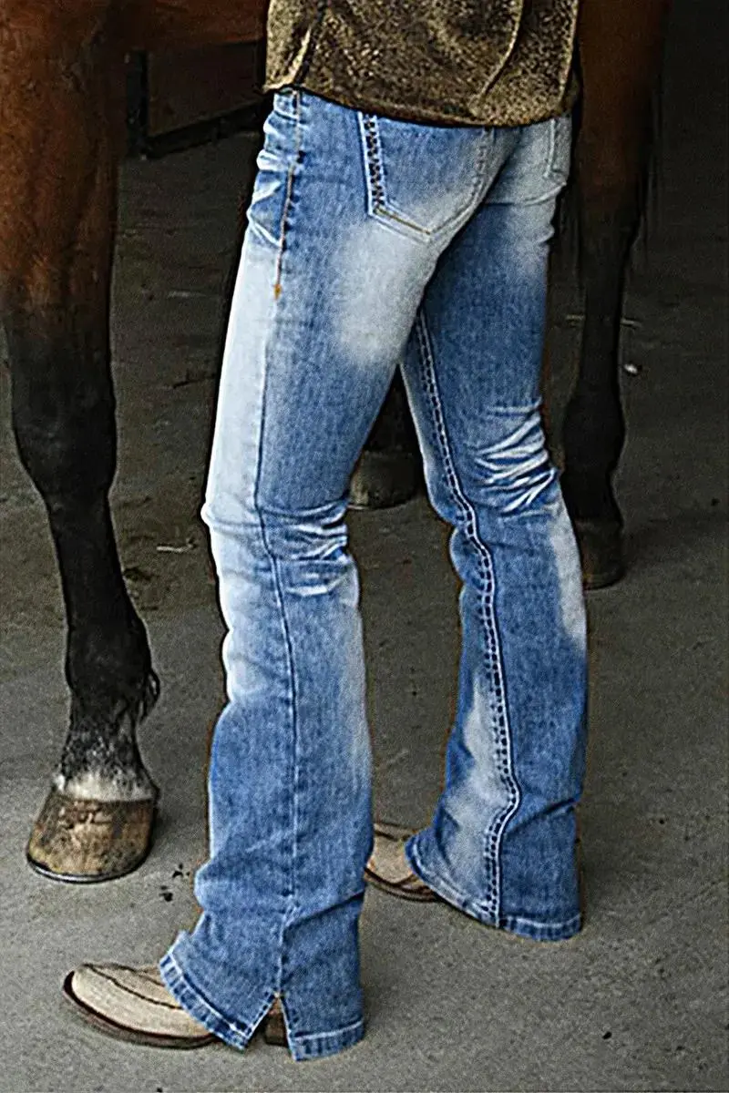 Washed Stretchy Split Hem Mid Rise Bootcut Jeans
