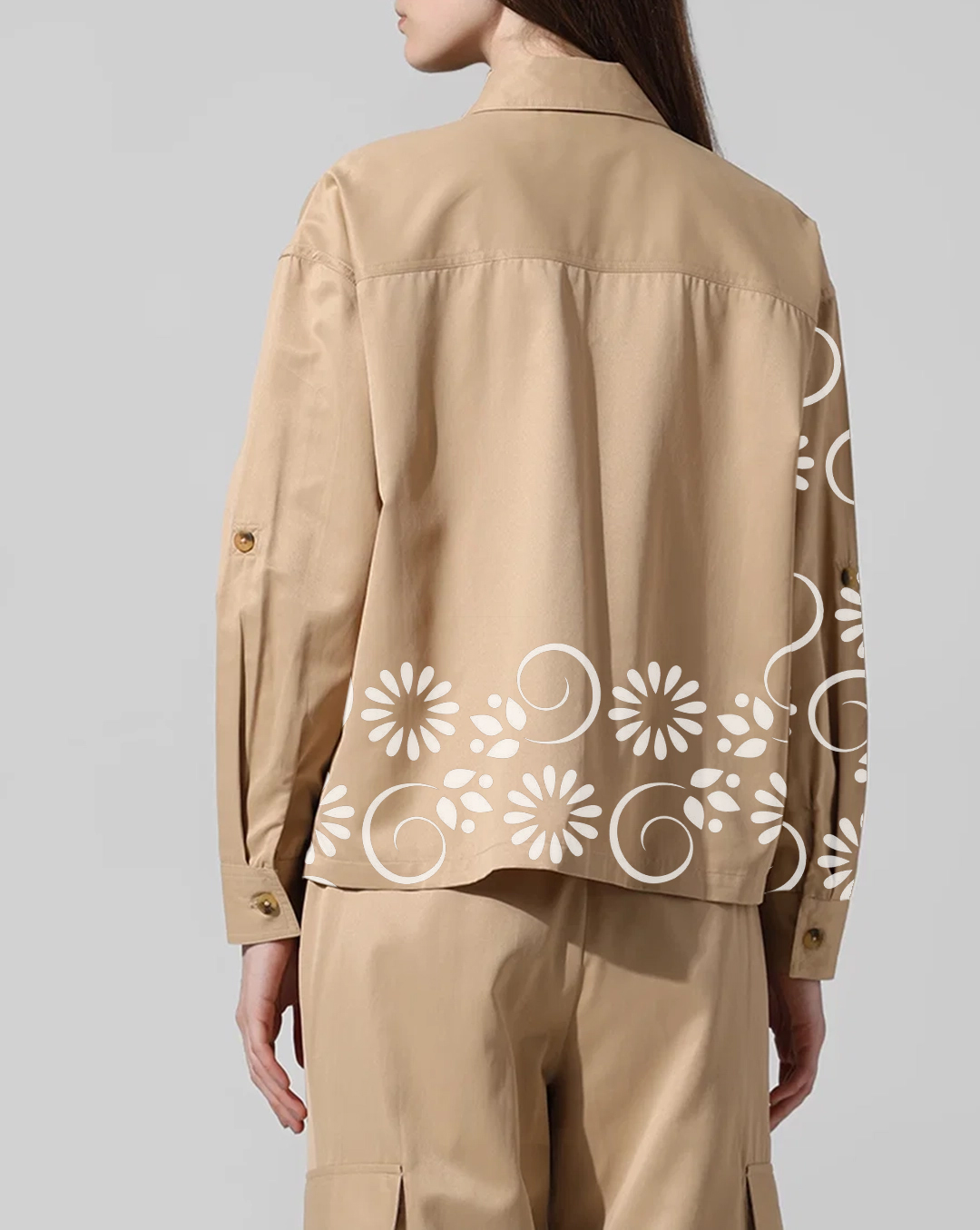 Tan Embroidered Pocket Utility Style Shirt