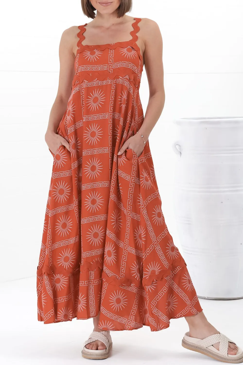 Orange Patterned Scallop Strap Maxi Dress