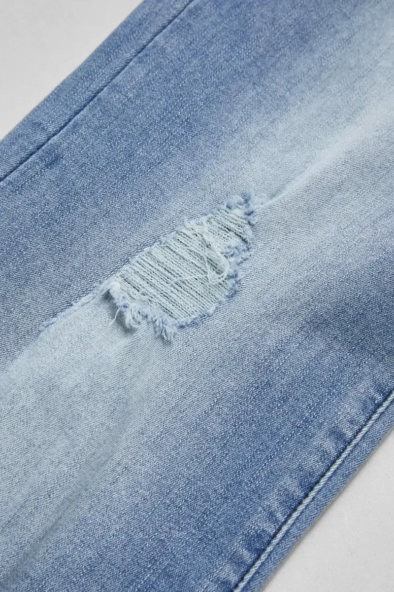 Ripped Roll Hem Double Button Low Waist Straight Leg Jeans