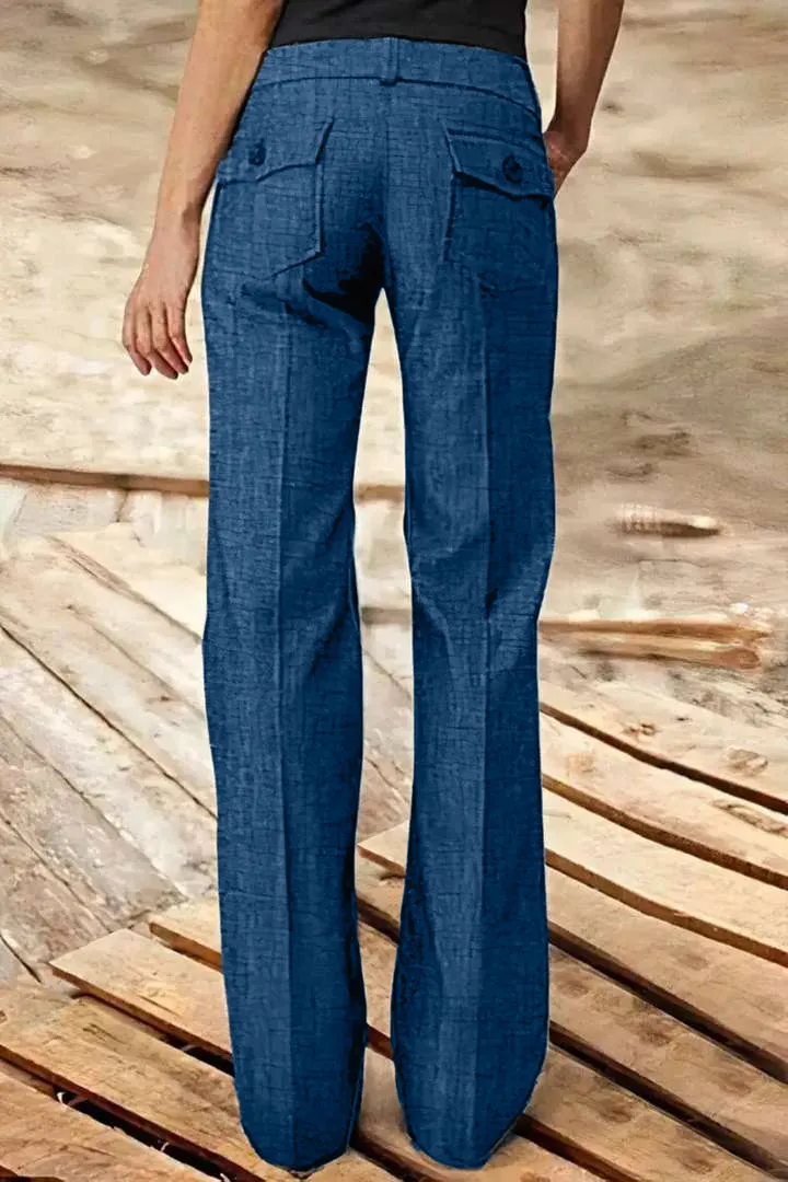 Solid Flap Pocket Button Up Mid Rise Straight Leg Pants