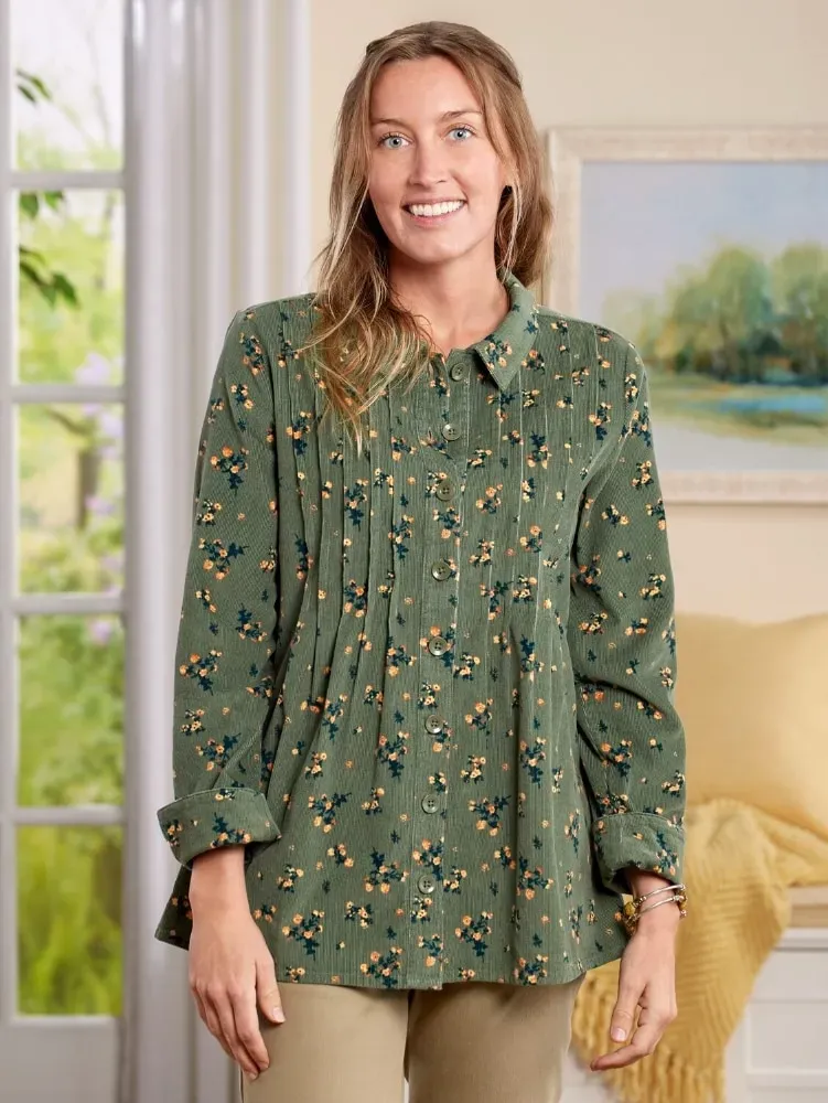 Women's Pintucked Floral Corduroy Tunic Top