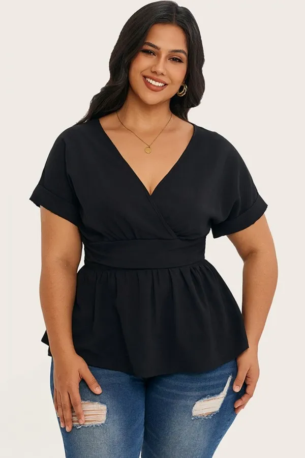 Solid Color Batwing Sleeve Cinched Waist Blouse