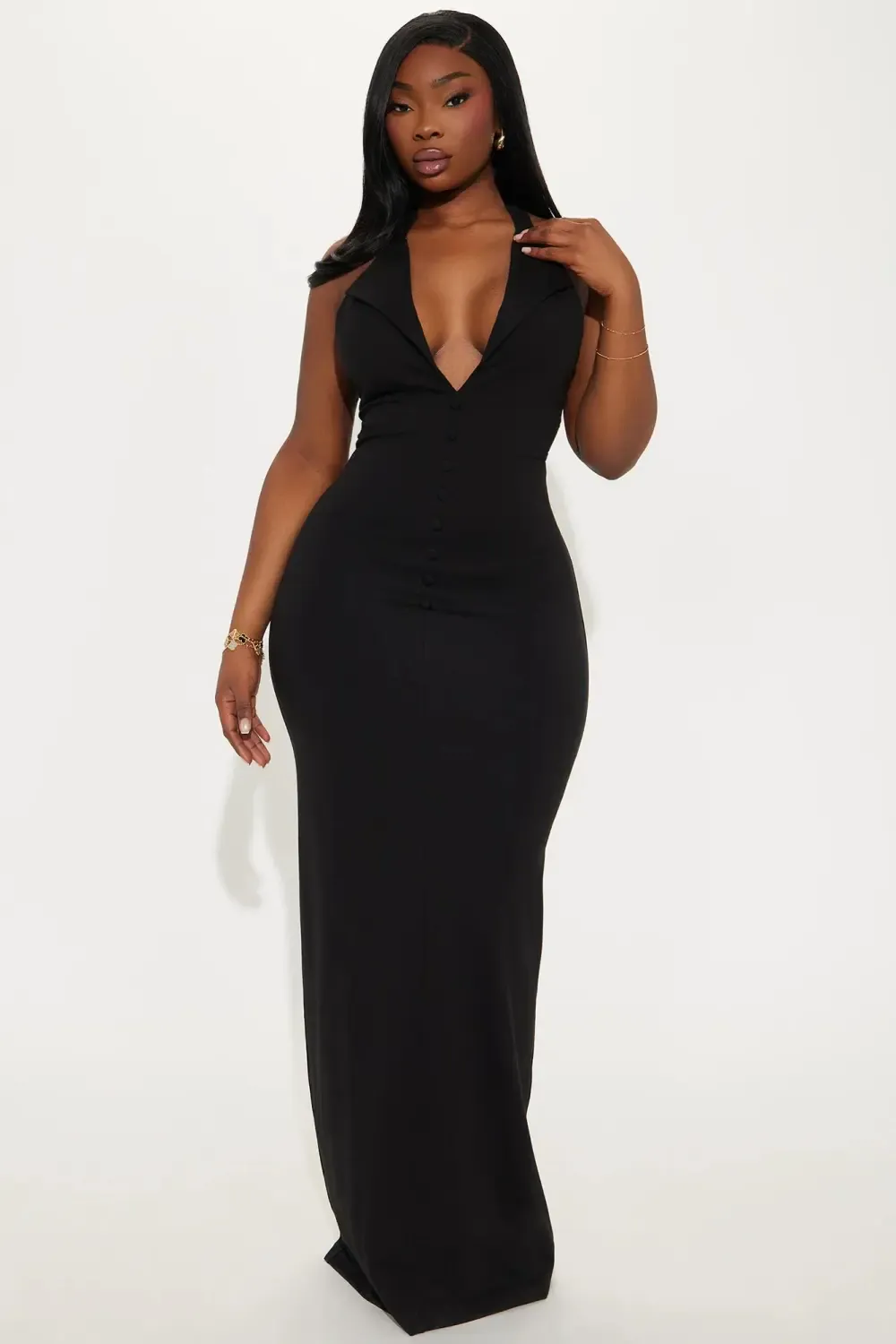 The Mia Halter Ponte Maxi Dress - Black