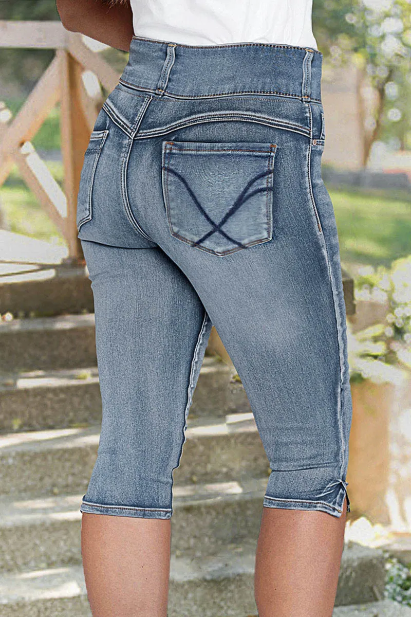 Split Hem Stitch Detail High Rise Capri Jeans