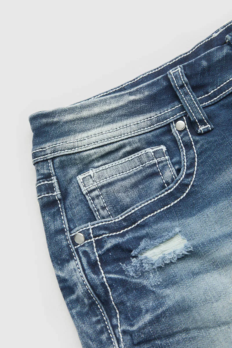 Wash Ripped Raw Hem Mid Waist Denim Shorts