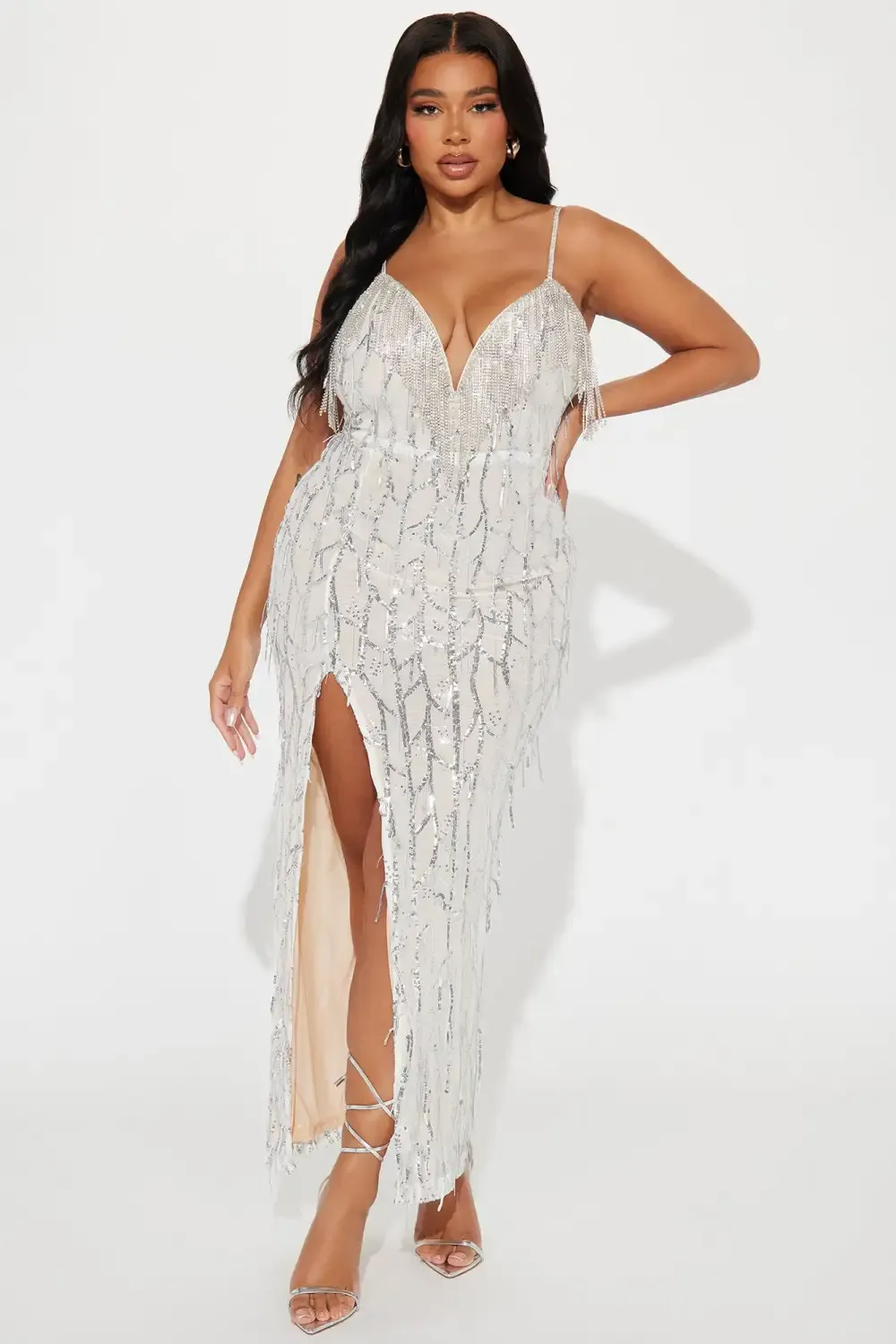Millionaire Heiress Embellished Maxi Dress - Silver
