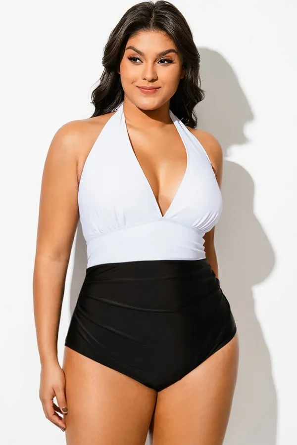 Black & White Colorblock Halter Backless One Piece Swimsuit