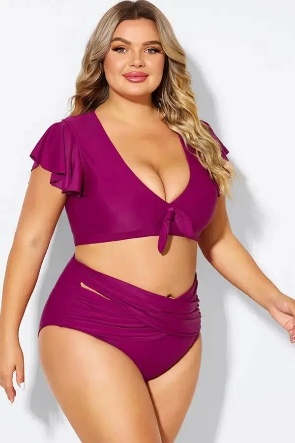 White Flutter-Sleeve Tie Detail Bikini Top