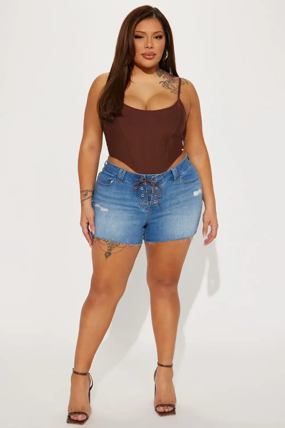 The Time Is Now Low Rise Lace Up Stretch Denim Shorts - Medium Blue Wash