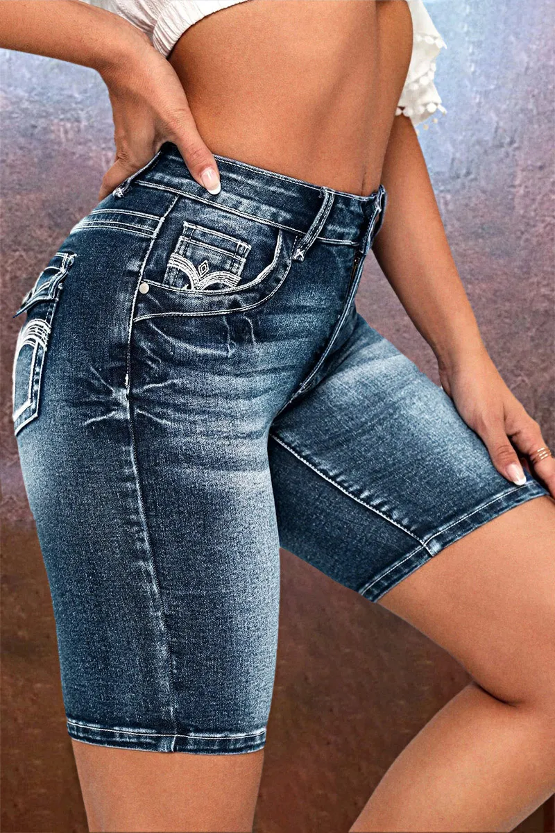 Embroidery Flap Pocket High Rise Denim Mid Thigh Shorts