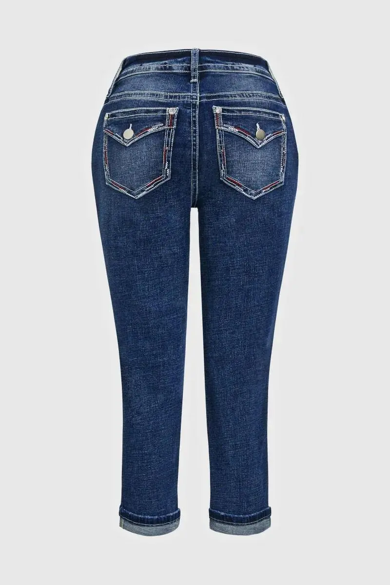 Wash Ripped Roll Hem Mid Waist Straight Leg Capri Jeans