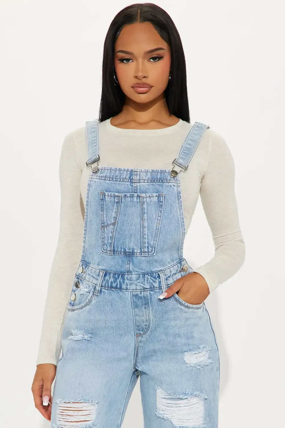 Cyra Distressed Denim Overalls - Medium Wash