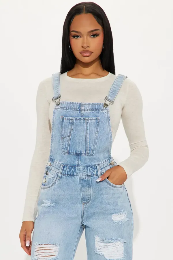 Cyra Distressed Denim Overalls - Medium Wash