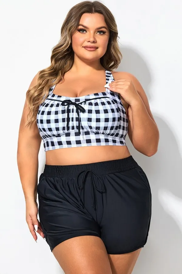 Retro Gingham Wireless Ruched Cups Crossback Bikini Top