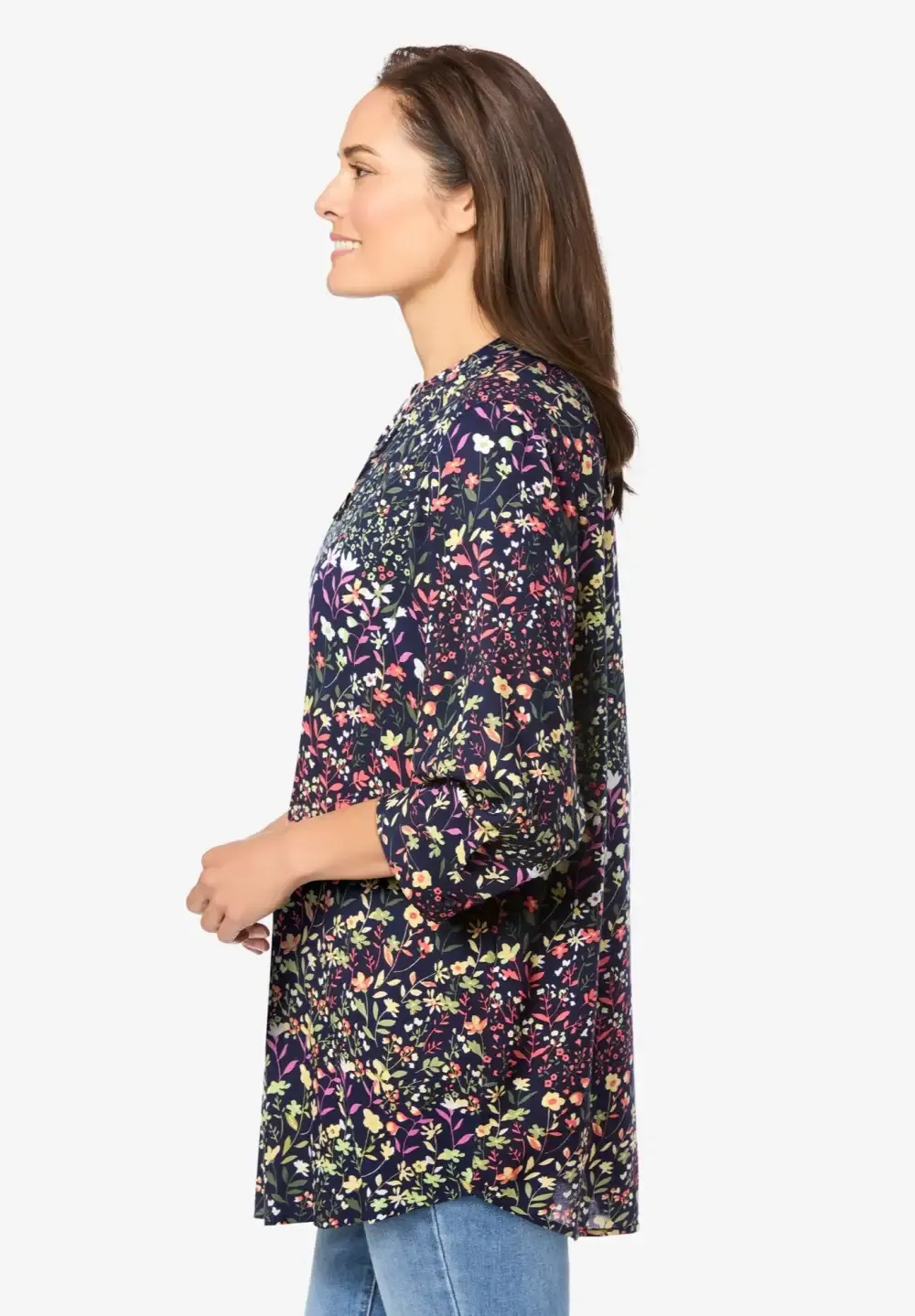Rayon 7-Day Three-Quarter Sleeve Tab-Front Tunic